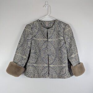 NWT Chicos Jacquard Jacket With Faux Fur Cuffs Metallic Lining 1P 8-10P Career